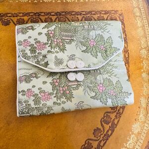 Trifold Asian Silk Travel Bag Jewelry Green & Pink Pastel Case Wallet 3 pockets